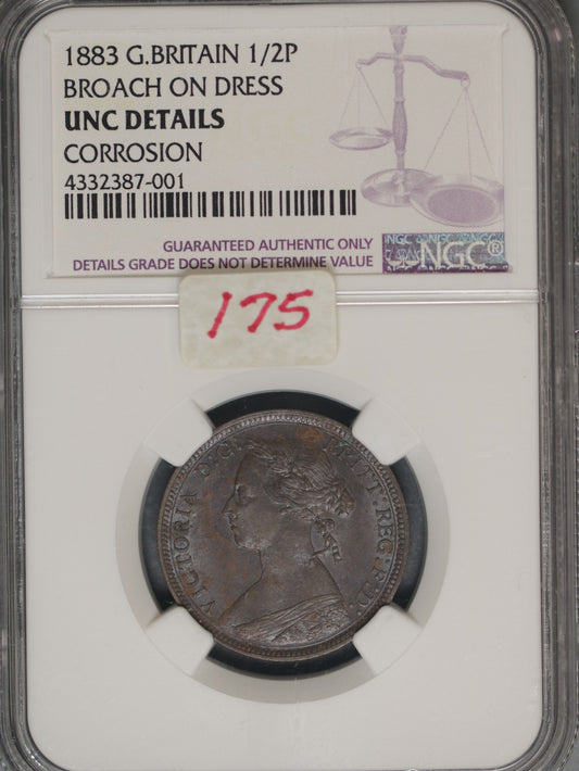 Great Britain 1883 1/2 Penny K-754 NGC UNC DETAILS CORROSION BROACH
