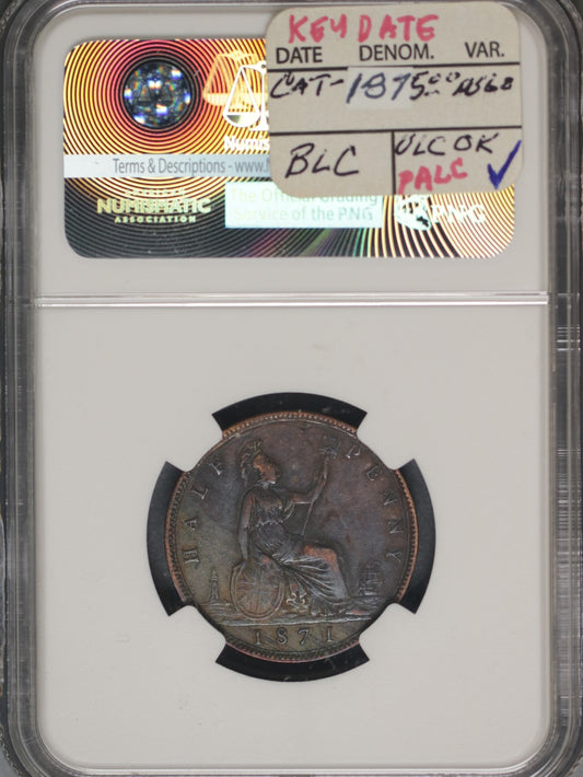 Great Britain 1871 1/2 Penny K-748.2 NGC AU50 BN