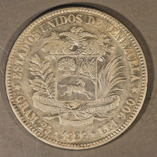 1929 Venezuela 5 Bolivares Silver Higher Grade Example