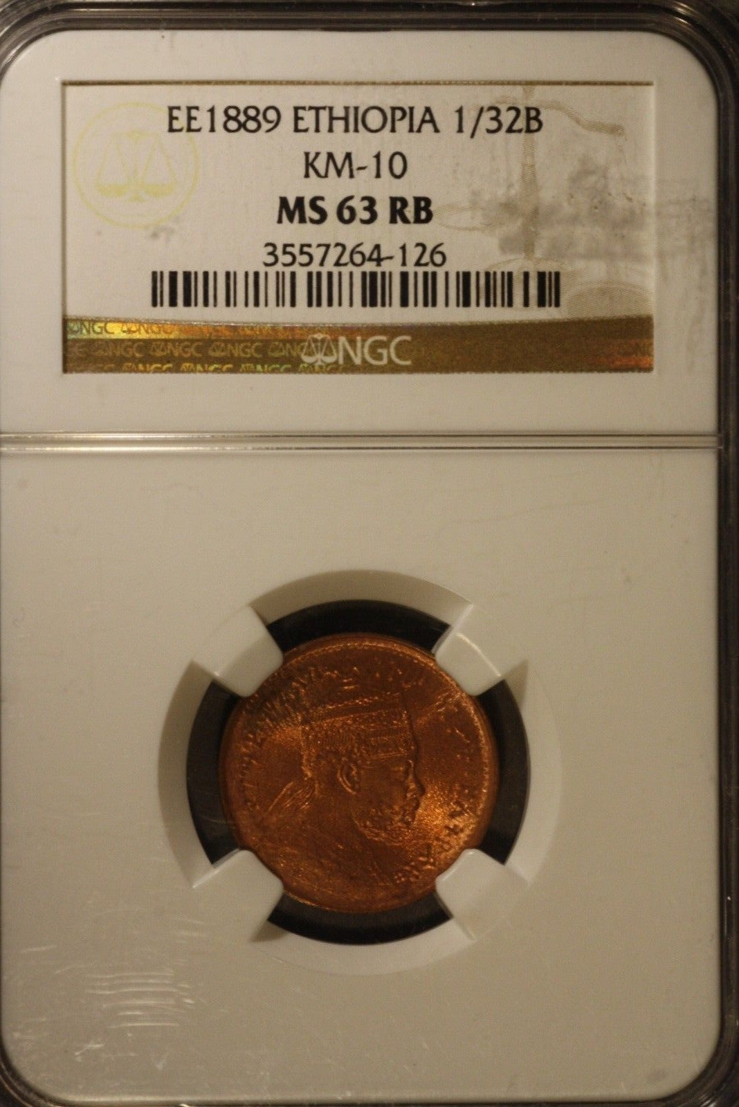 EE1889 Ethiopia 1/32B NGC MS 63 RB