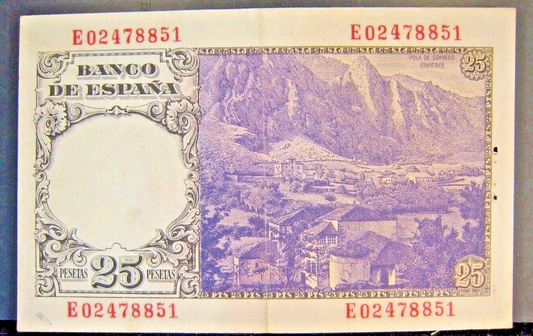 1946 Spain Bank of, 25 Pesetas Higher Grade Staple Hole