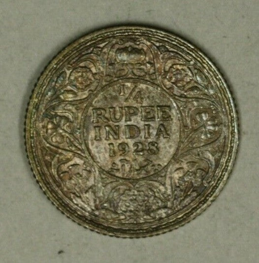 British India Silver 1/4 Rupee 1928-B  Choice UNC some colorful toning A2308