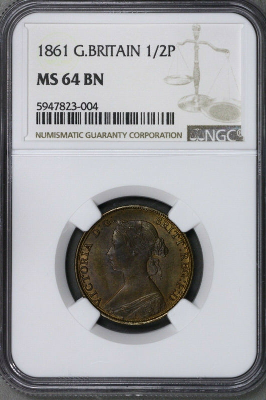 Great Britain 1861 1/2 Penny NGC MS64 BN  S687