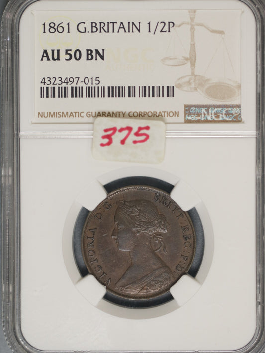 Great Britain 1861 1/2 Penny K-748.2 NGC AU50 BN