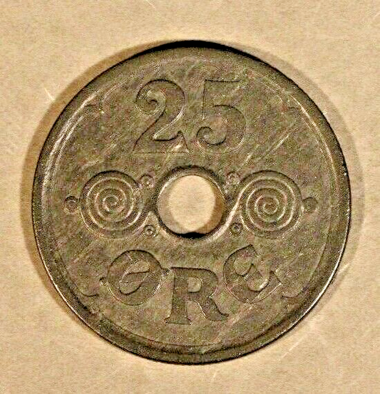 1944 GJ Denmark 25 Ore Zinc, High Quality