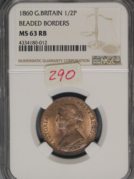 Great Britain 1860 1/2 Penny K-748.2 NGC MS63 RB Beaded