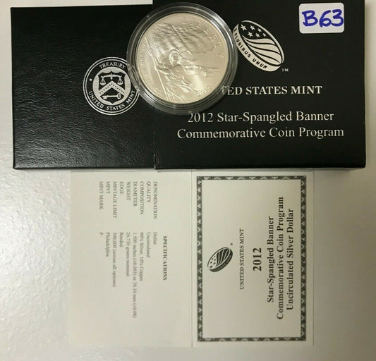 2012 Star-Spangled Banner UNC Silver Dollar  with Box & COA   B63