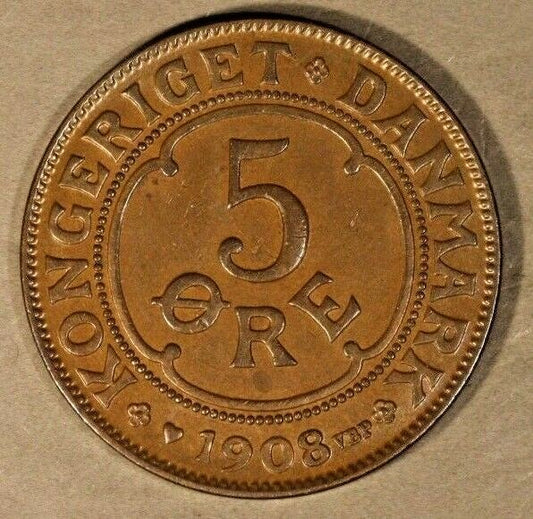 1908 Denmark 5 Ore Choice Brown High Grade
