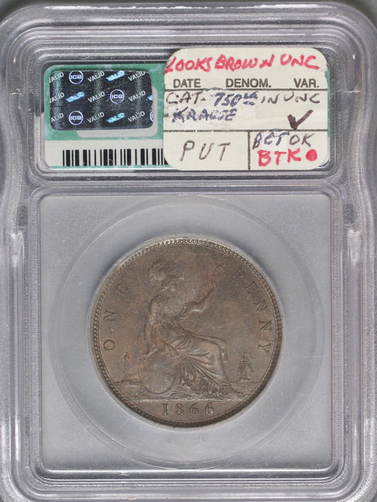 Great Britain 1866 Penny K-749.2 ICG AU55 BN