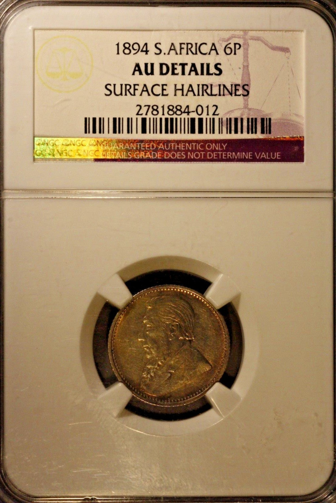 1894 South Africa 6 Pence NGC AU Details Hairlines XF Cat=$400