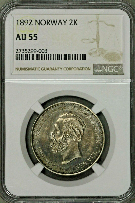 Norway 2 Kroner 1892 NGC AU55   Top Pop!!!   Next Closest is VF !! RARE !!  S182