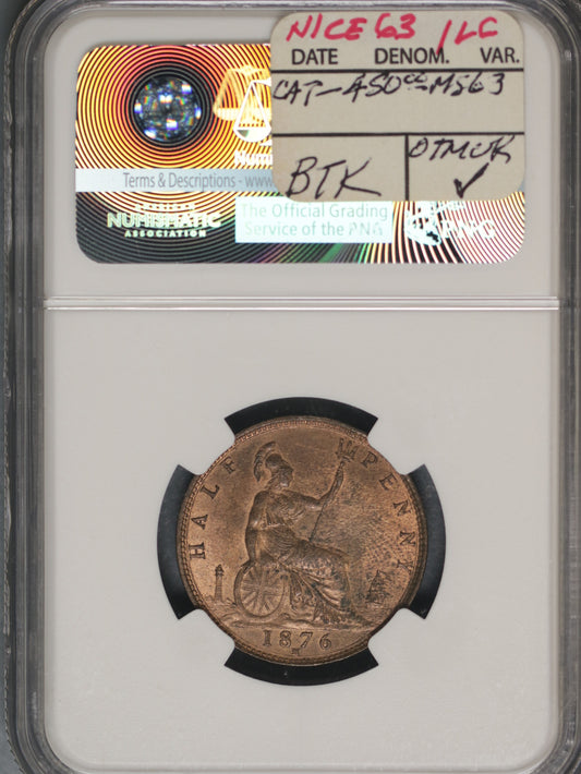 Great Britain 1876H 1/2 Penny K-754 NGC MS62 RB SMALL DATE