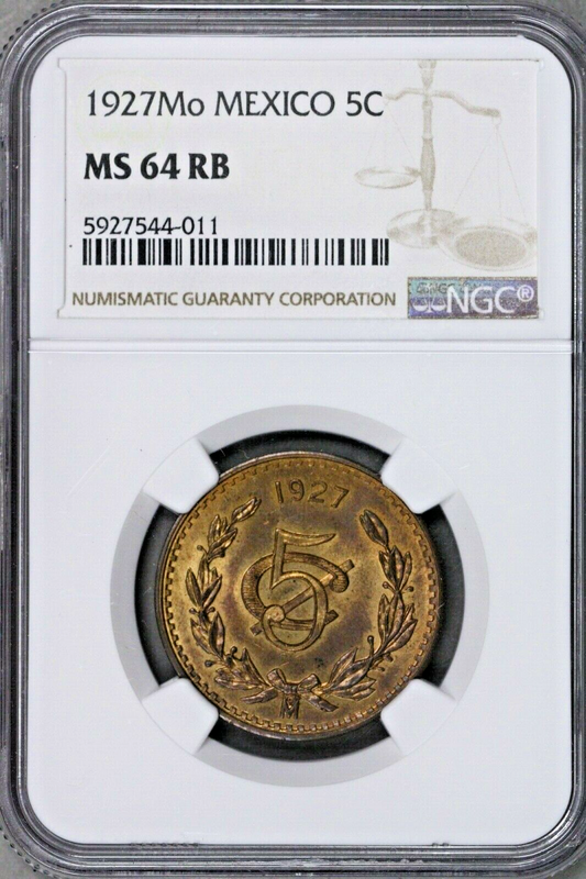Mexico 1927 Mo 5 Centavos NGC MS 64 RB Rare Quality S708