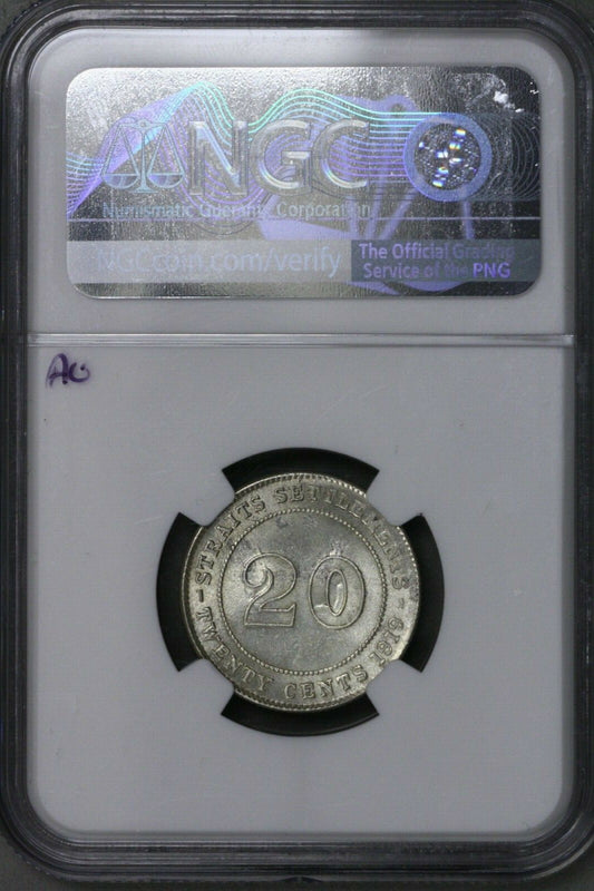 Straits Settlements 1919B 20 Cents NGC UNC Details Rev Spot Removed   S715