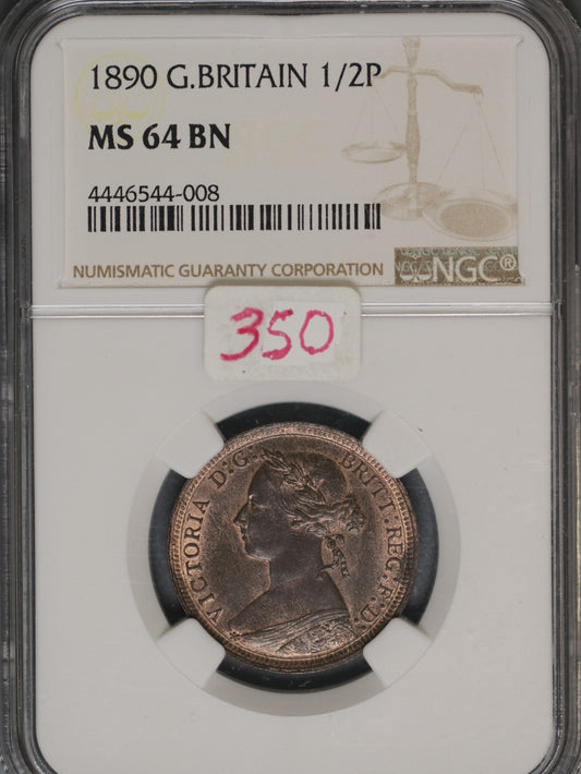 Great Britain 1890 1/2 Penny K-754 NGC MS64 BN