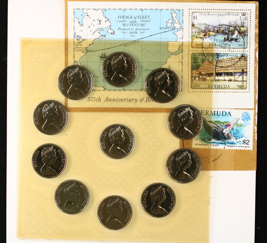 Bermuda 1984 11-Coin Uncirculated Set w/ map and stamps B375
