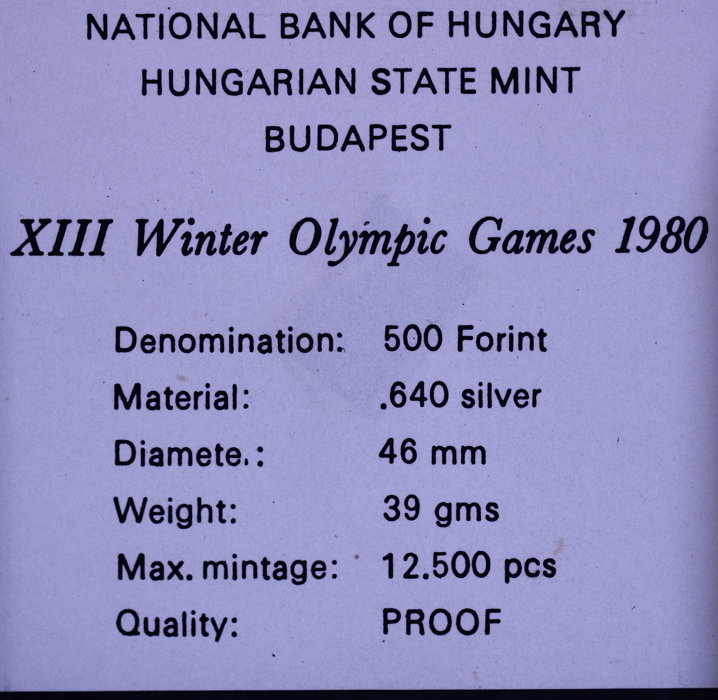 Hungary 1980 Winter Olympic Games 500 Forint B560