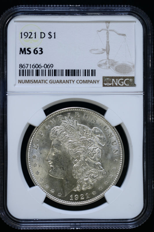 US 1921-D Morgan Silver Dollar MS-63 NCG S8569