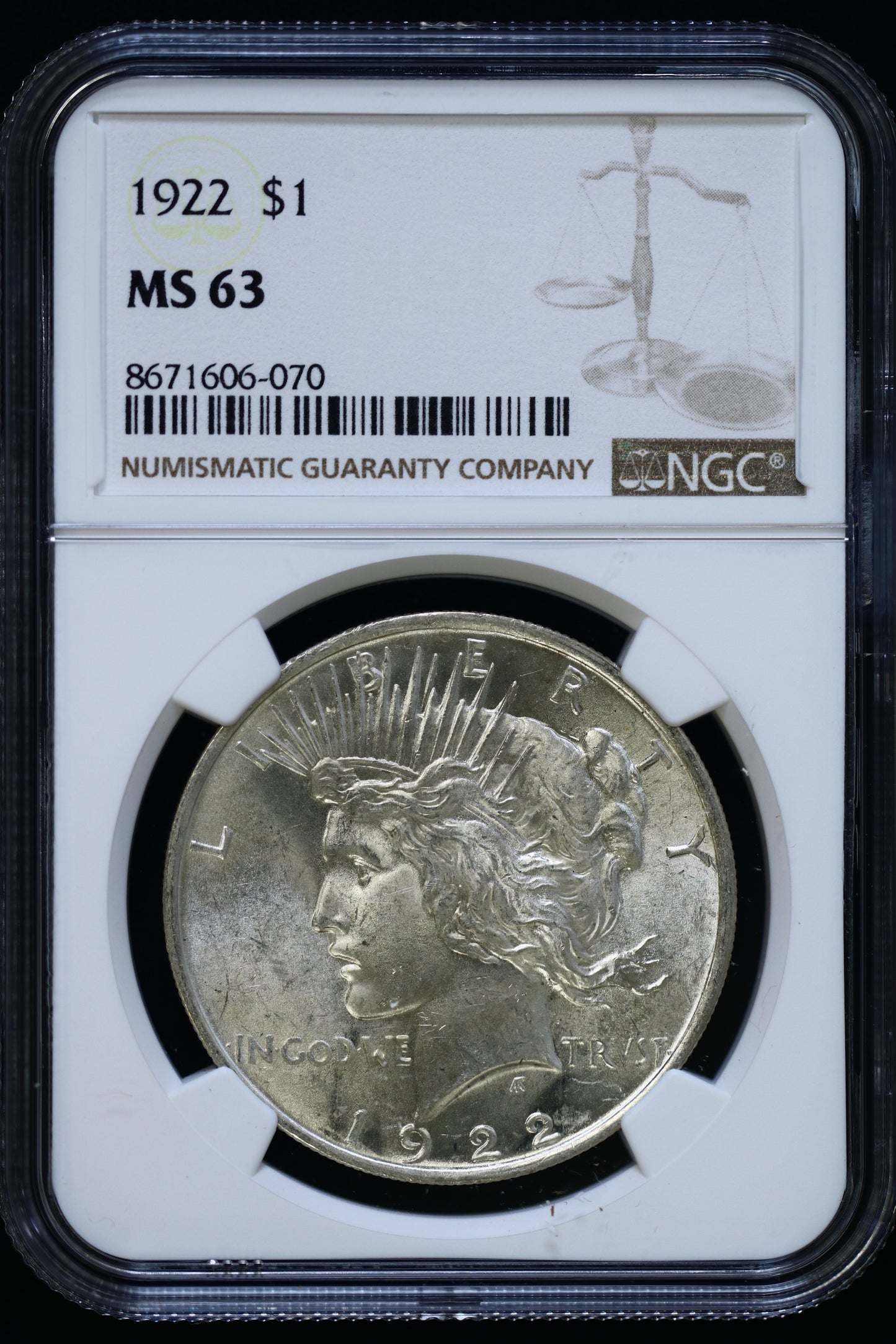 US 1922 Peace Silver Dollar MS-63 NCG S870