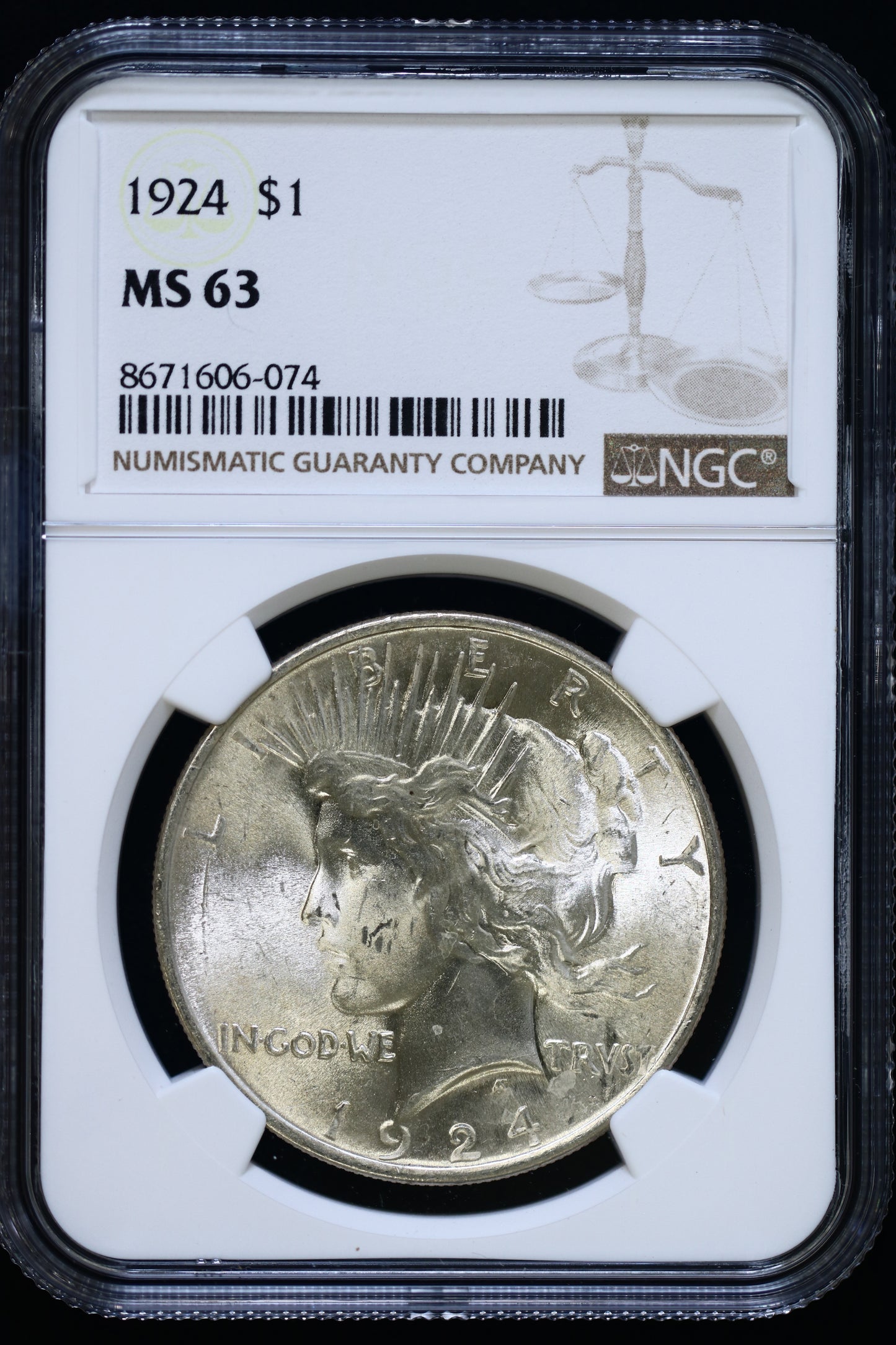 US 1924 Peace Silver Dollar MS-63 NCG S871