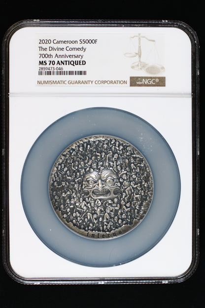 2020 NGC MS 70 Cameroon 5000 Francs silver coin, "The Divine Comedy 700th Anniversary" series. B276