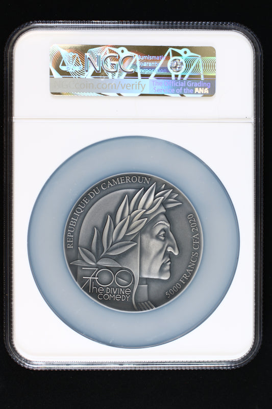 2020 NGC MS 70 Cameroon 5000 Francs silver coin, "The Divine Comedy 700th Anniversary" series. B276