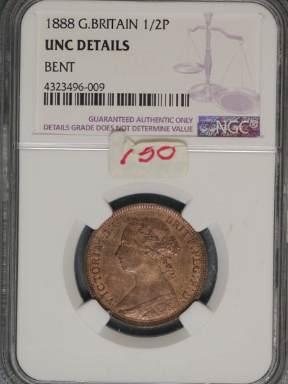 Great Britain 1888 1/2 Penny K-754 NGC UNC DETAILS BENT