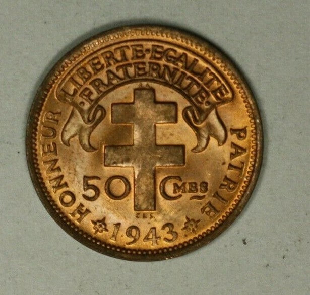 Madagascar 50 Centimes 1943  Red Gem BU   A1971