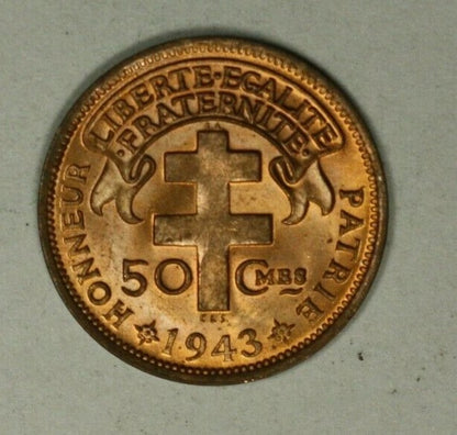 Madagascar 50 Centimes 1943  Red Gem BU   A1971