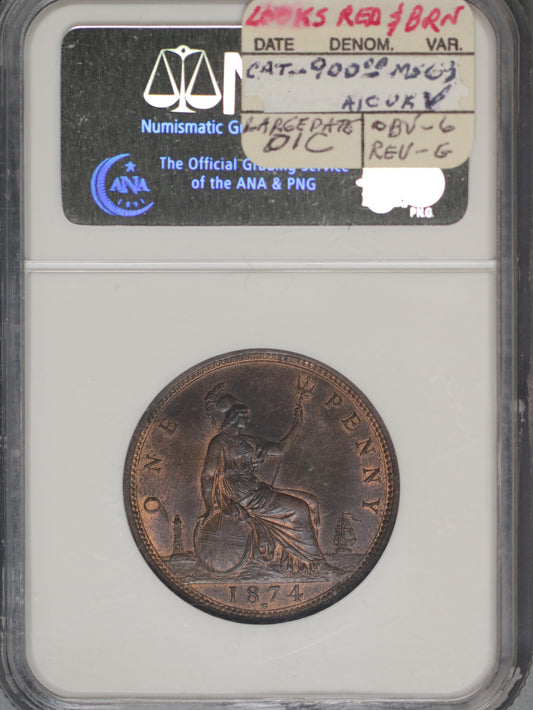 Great Britain 1874H Penny K-749.2 NGC MS65 BN OBV OF 73