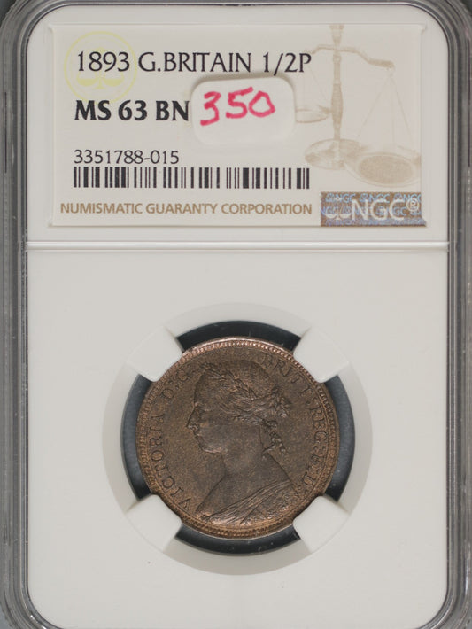 Great Britain 1893 1/2 Penny K-754 NGC MS63 BN