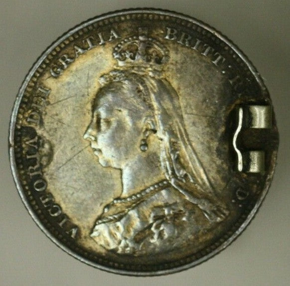 Great Britain Silver Shilling 1887 Broken Pin Back Enamel Coat of Arms   A2457