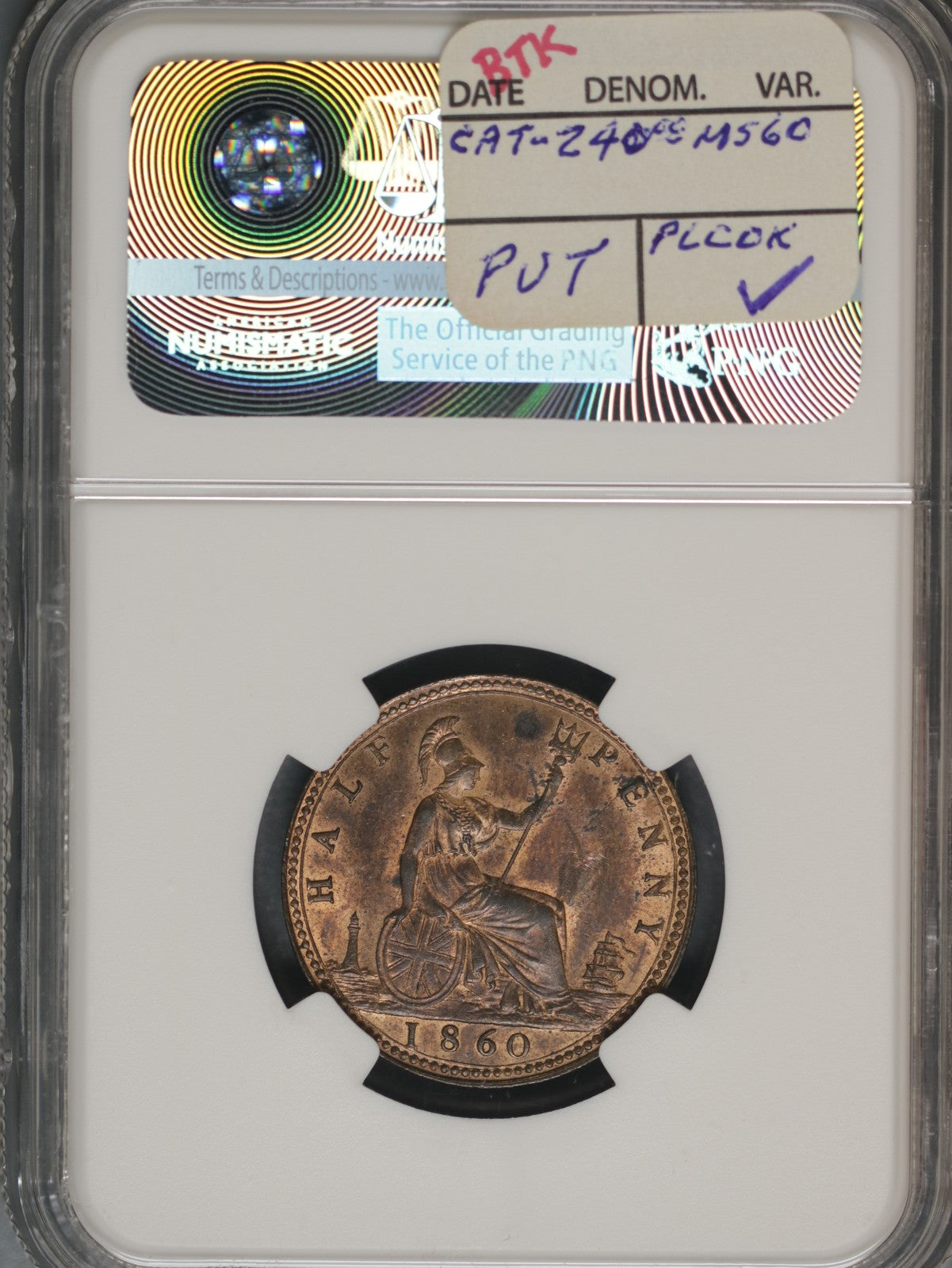 Great Britain 1860 1/2 Penny K-748.2 NGC UNC DETAILS Spot Removal Beaded