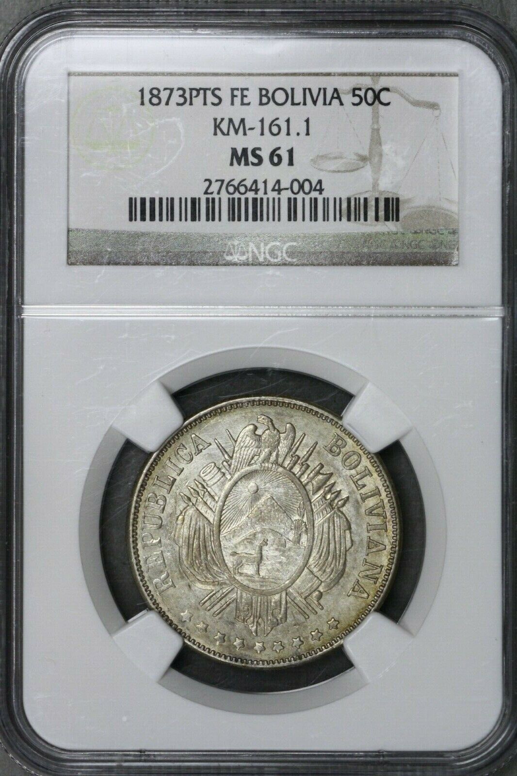 Bolivia 1873 PTS FE 50 Cents NGC MS 61 S602