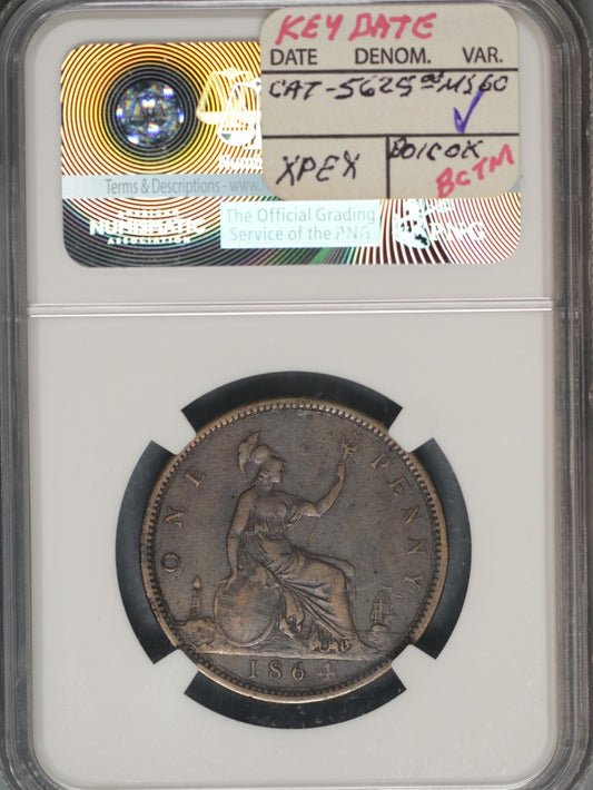 Great Britain 1864 Penny K-749.2 NGC XF45 BN CROSSLET 4  KEY