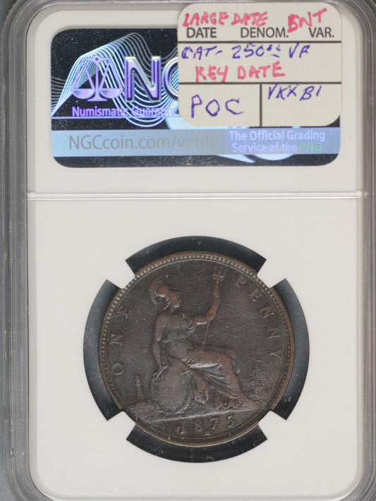 Great Britain 1875H Penny K-755 NGC VF Details Cleaned SMALL DATE