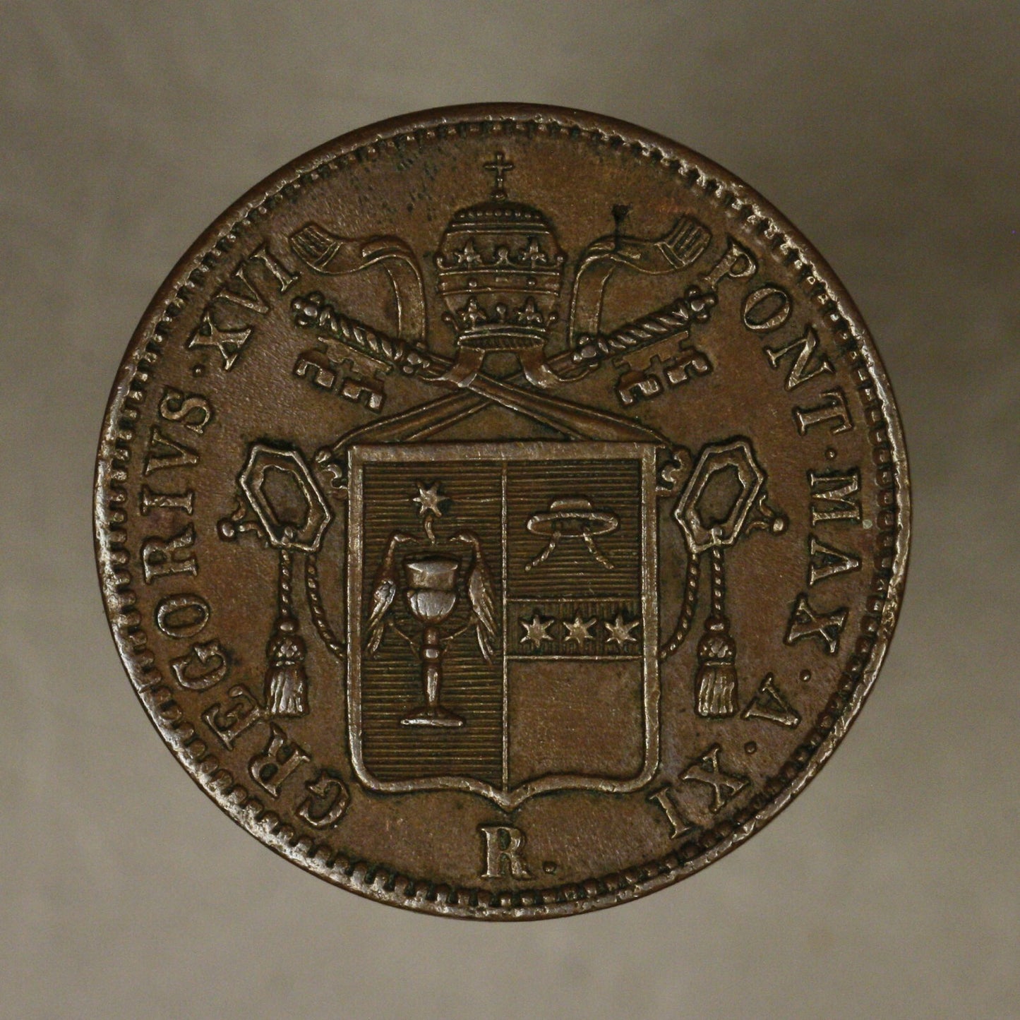 Papal States 1841 R Baioccho Gregory xvii brown unc