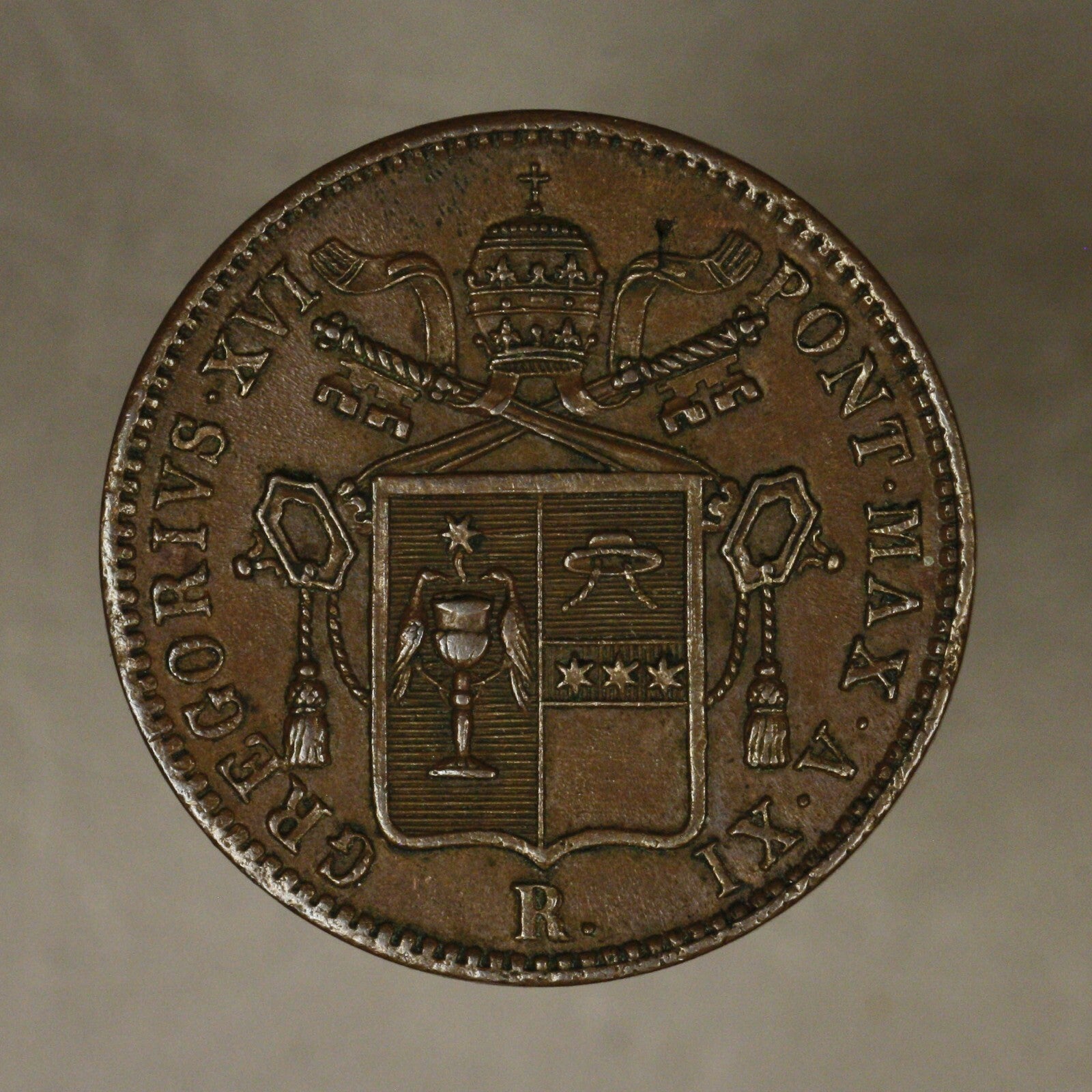 Papal States 1841 R Baioccho Gregory xvii brown unc