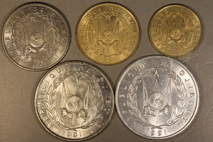 1991 Djibouti 5 Type Coins from Year, BU-UNCs    
