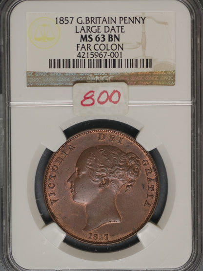 Great Britain 1857 Penny K-739 NGC MS63 BN FAR COLON LARGE DATE