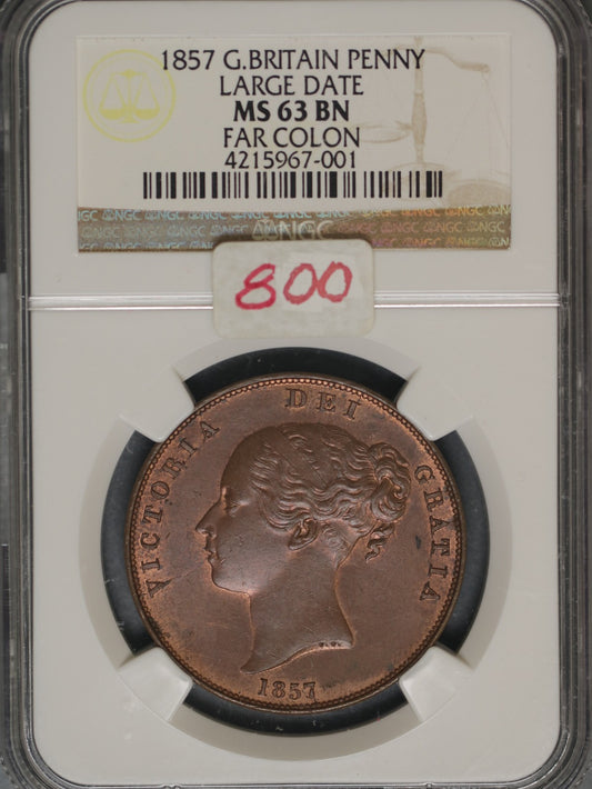 Great Britain 1857 Penny K-739 NGC MS63 BN FAR COLON LARGE DATE
