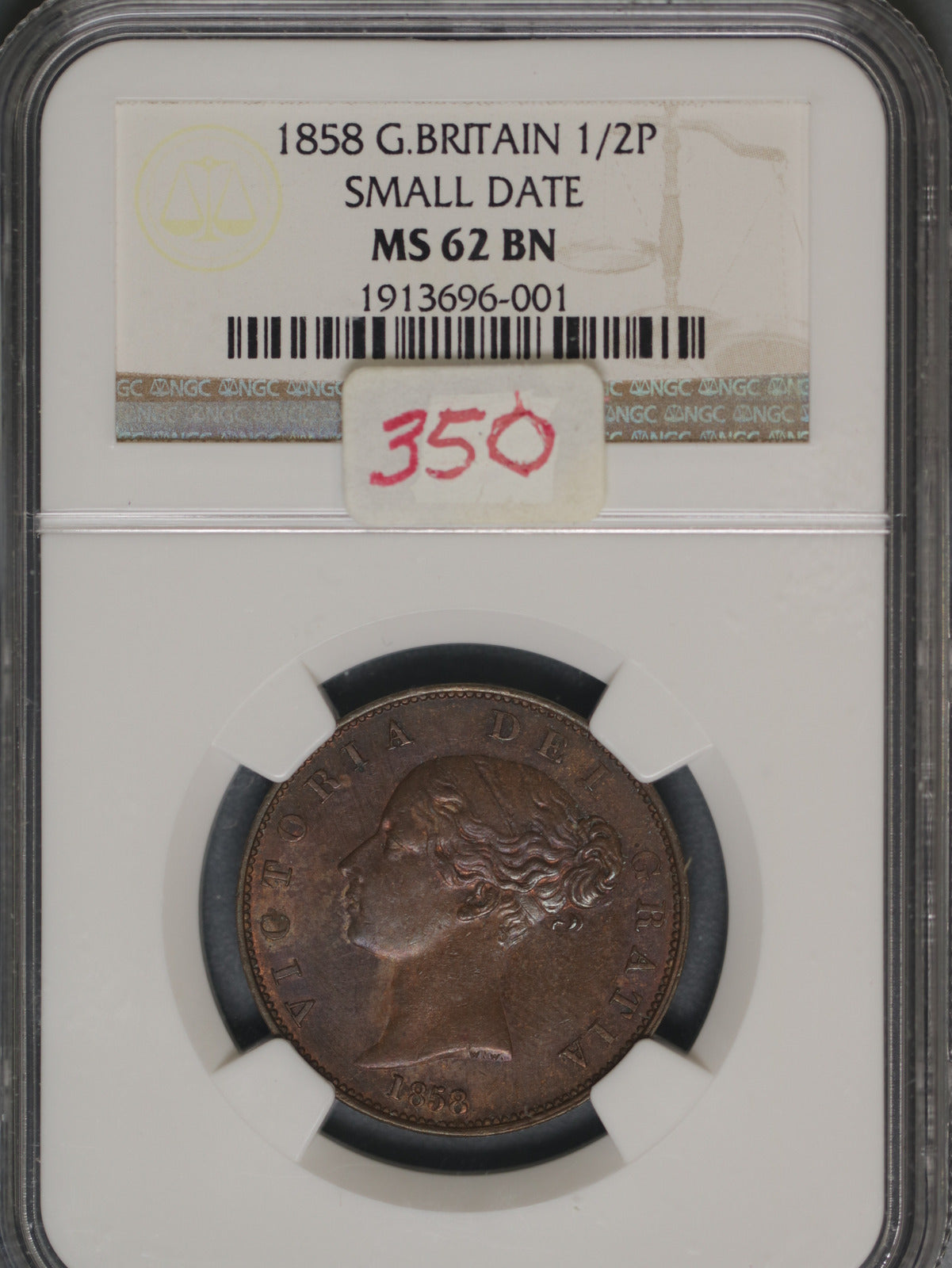 Great Britain 1858 1/2 Penny K-726 NGC MS62 BN