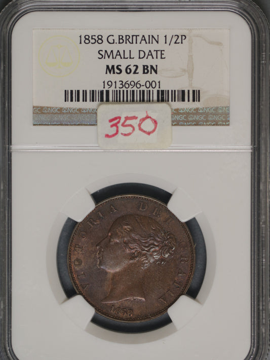 Great Britain 1858 1/2 Penny K-726 NGC MS62 BN
