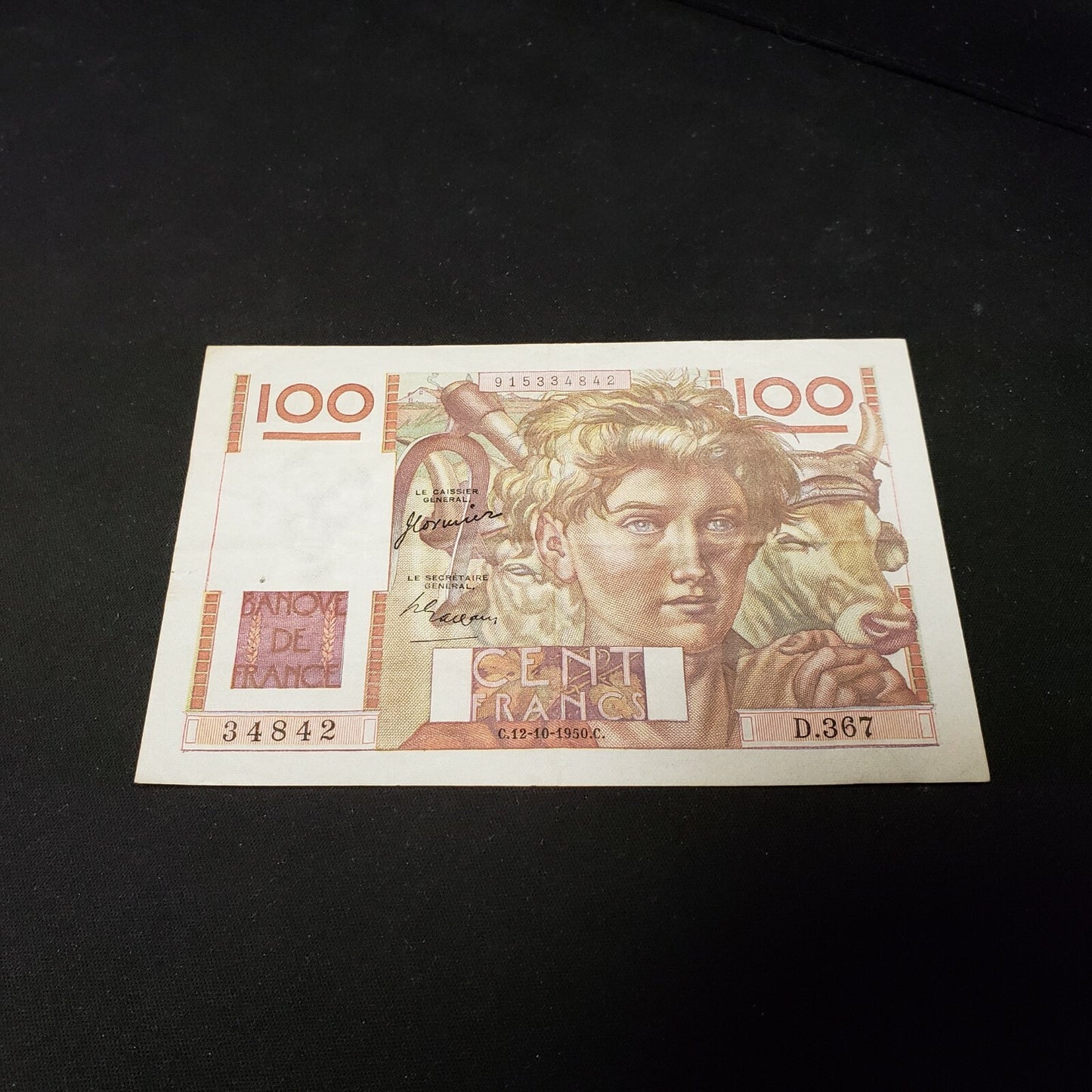 France 1950 100 Francs P-128C VF+ Pinhole