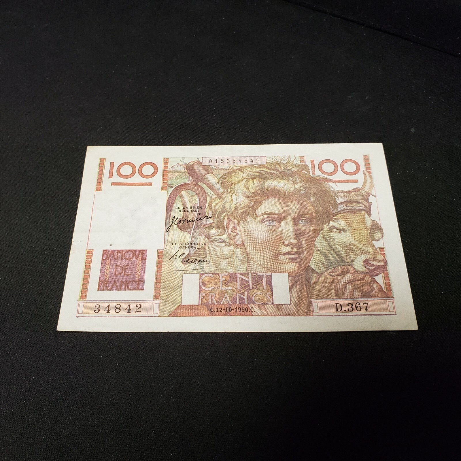 France 1950 100 Francs P-128C VF+ Pinhole