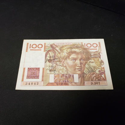 France 1950 100 Francs P-128C VF+ Pinhole
