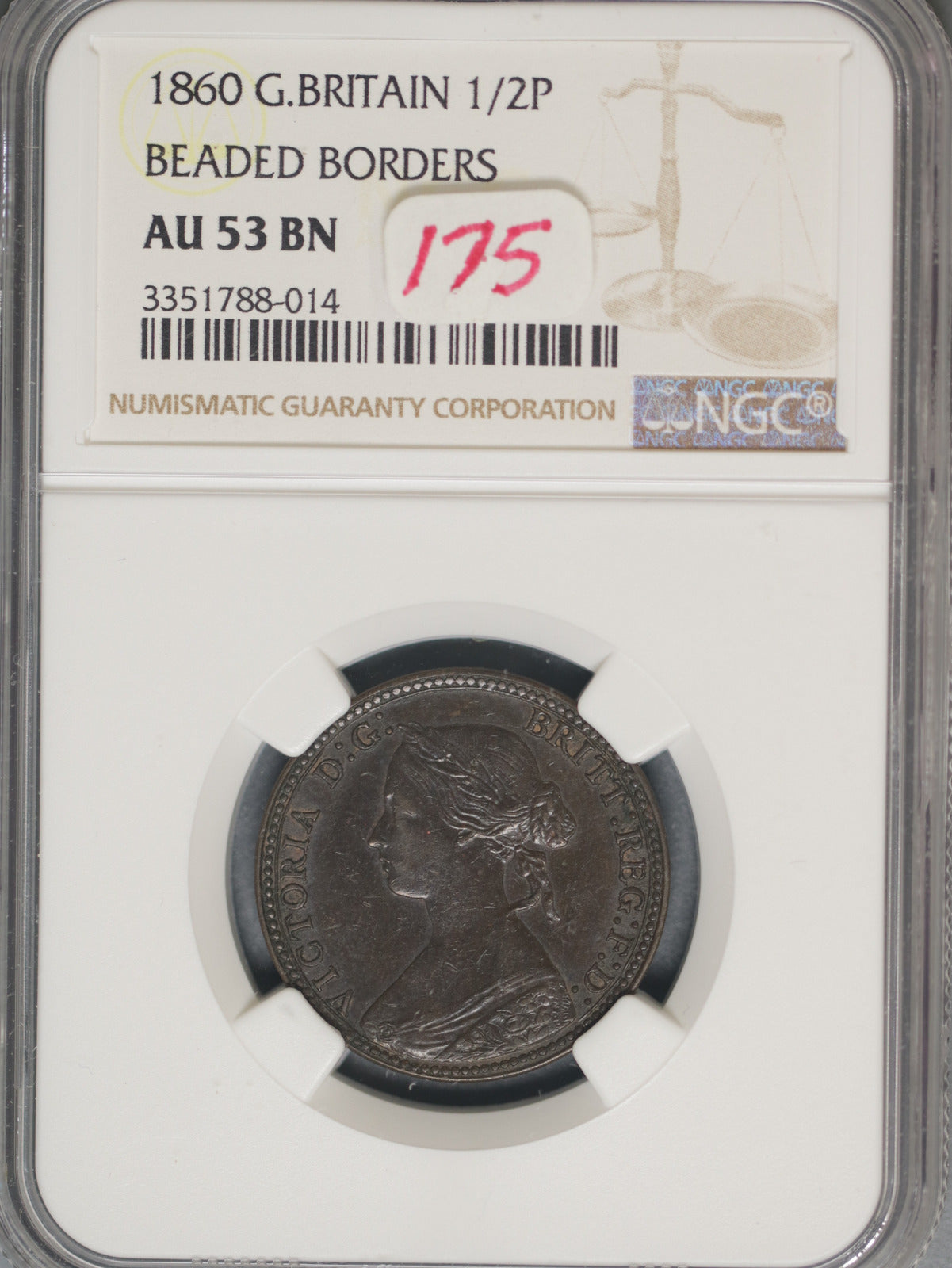 Great Britain 1860 1/2 Penny K-748.2 NGC AU53 BN Beaded