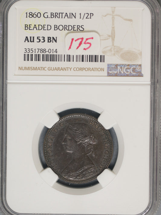 Great Britain 1860 1/2 Penny K-748.2 NGC AU53 BN Beaded