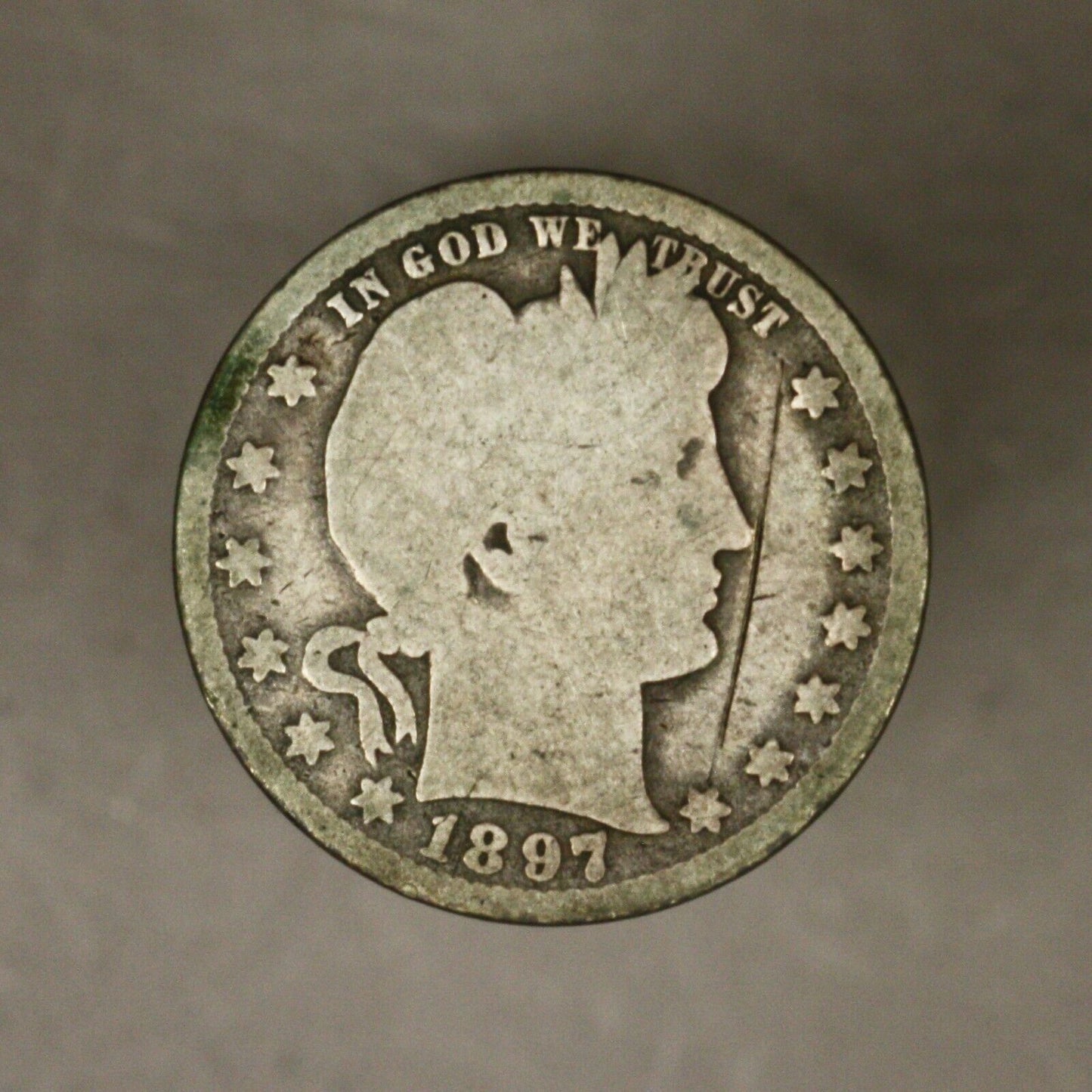 Barber 1897 O Quarter Scratch on Obverse 