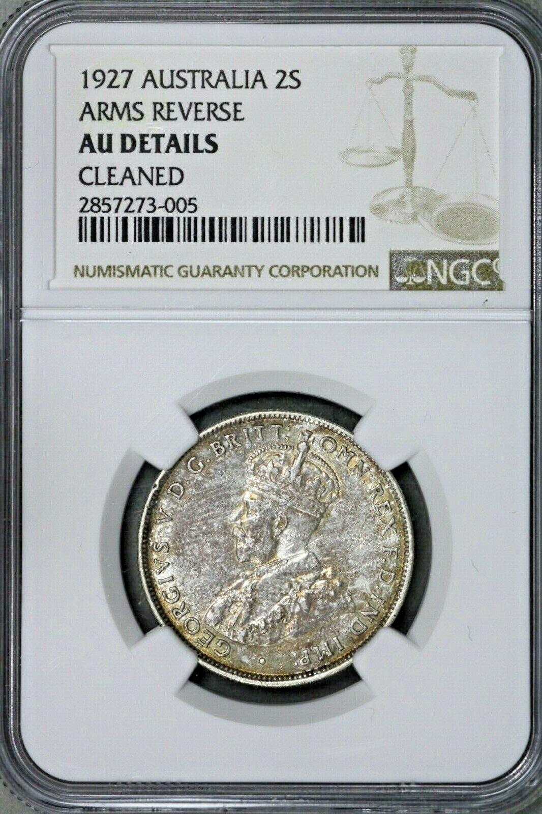 Australia 1927 2 Shillings (Florin) Arms Reverse NGC AU Details Cleaned S594